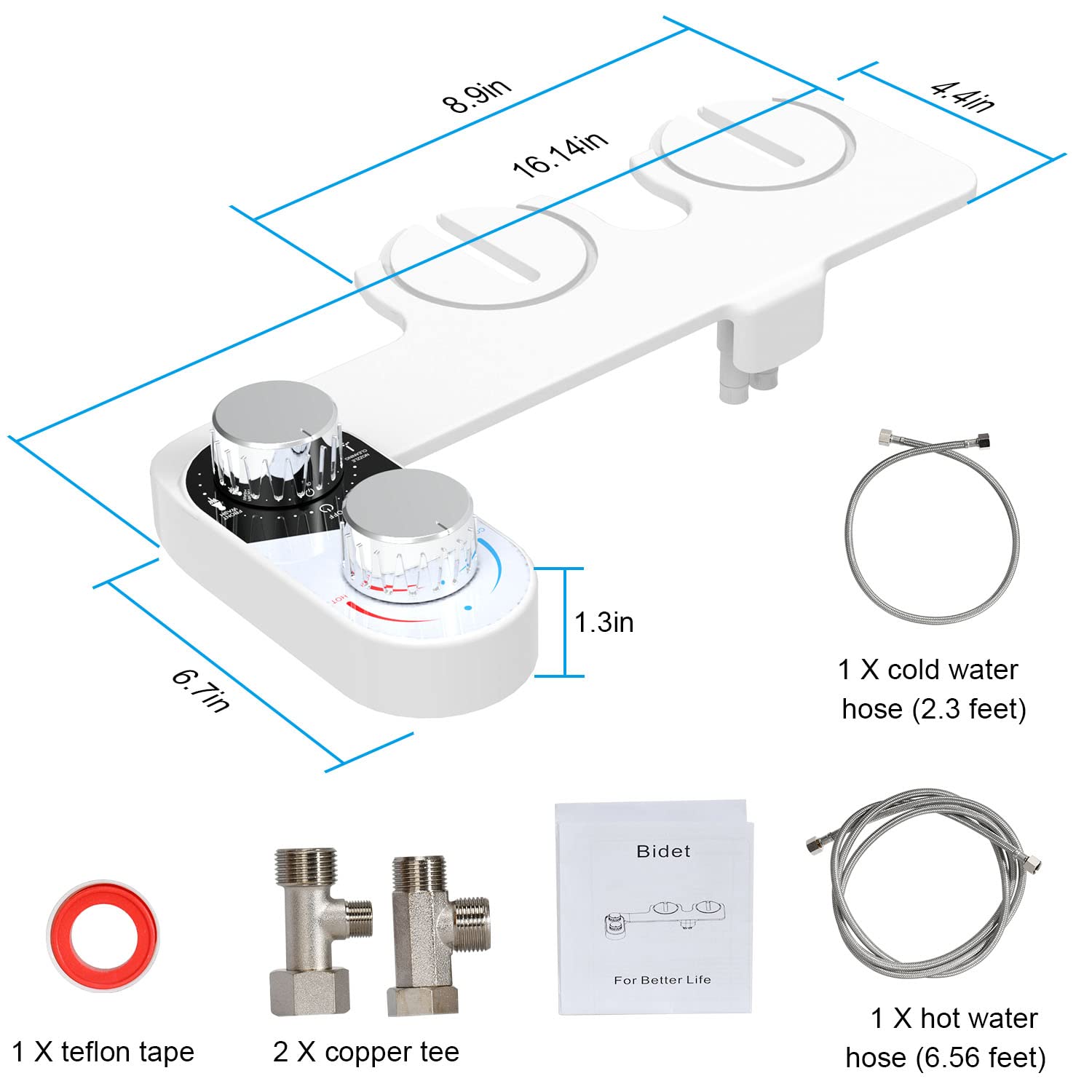 Bidet Attachment for Toilet, Dual Nozzle Sprays Adjustable Hot&Cold Water, Self-Cleaning and Retractable Nozzle, Toilet Seat Bidet Attachment for Rear, Feminine Wash