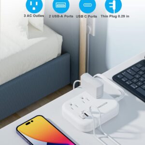 Flat Plug Power Strip - Ultra Thin Flat Extension Cord, 3 USB Wall Charger(1 USB-C) for Cruise Ship Essentials, 5 ft Low Profile Extender, Charging Station Compact for Home,Dorm,Travel Accessories