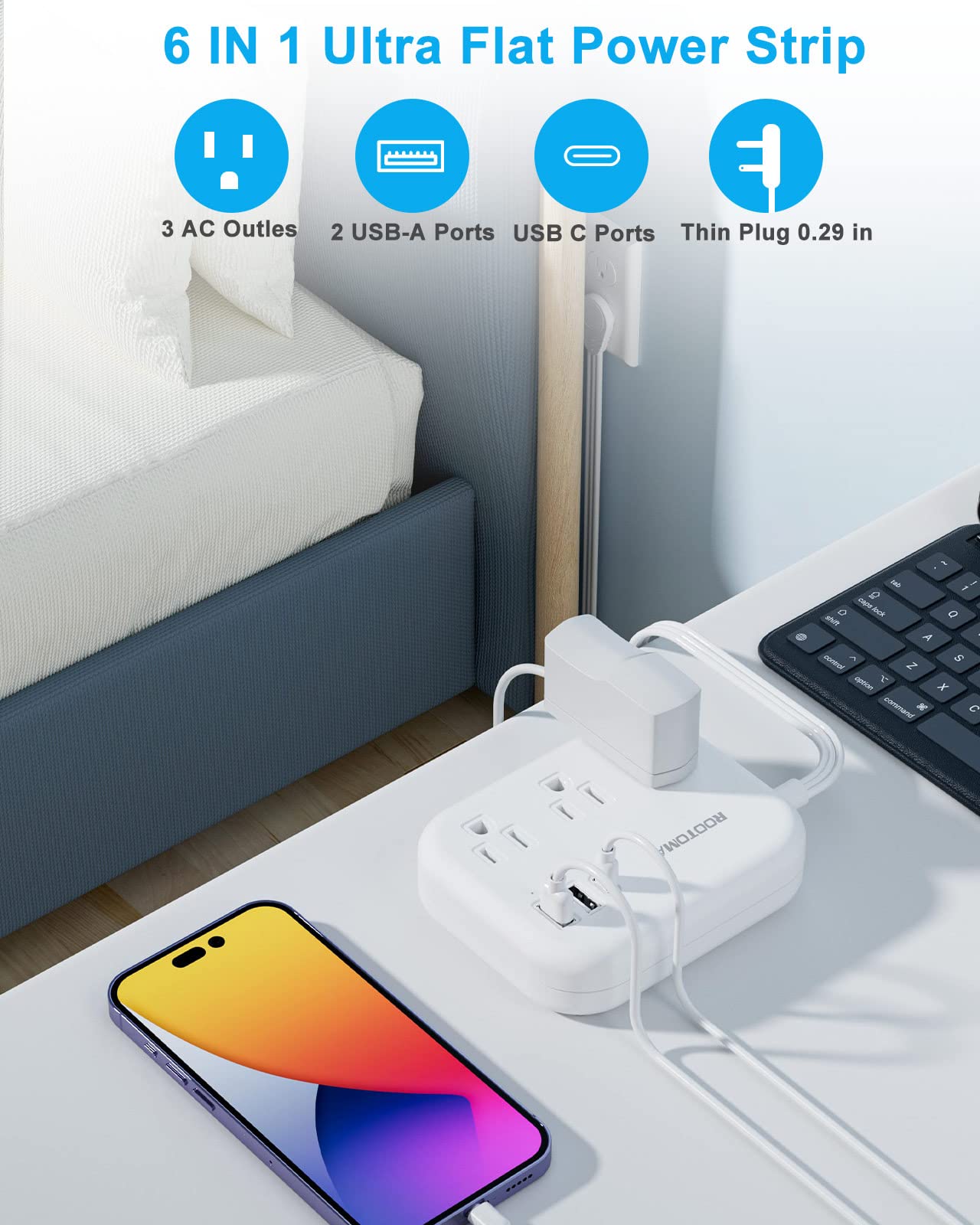 Flat Plug Power Strip - Ultra Thin Flat Extension Cord, 3 USB Wall Charger(1 USB-C) for Cruise Ship Essentials, 5 ft Low Profile Extender, Charging Station Compact for Home,Dorm,Travel Accessories