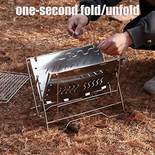 PSKOOK Camping Grills, Stainless Steel Portable Foldable Campfire Charcoal BBQ Grill, Lightweight Fire Pit for Travel, Outdoor Cooking, Bushcraft, Picnics, Garden, Balcony and Beach,Easy to Assemble
