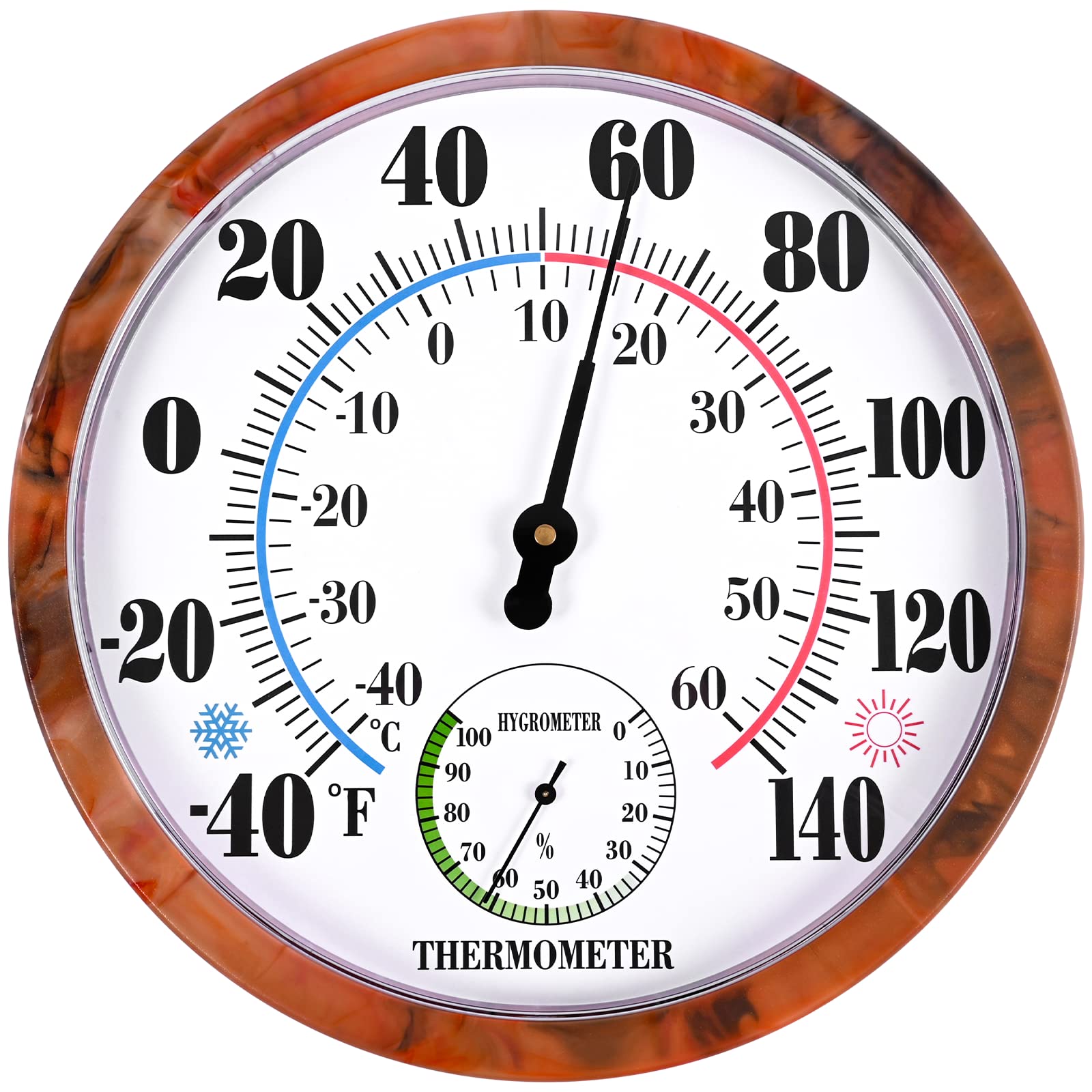 Indoor Outdoor Thermometer Hygrometer - 10Inch Outdoor Thermometers Large Number, 2 in 1 Thermometer Hygrometer, No Battery Needed Large Outdoor Thermometers for Patio (Brown)