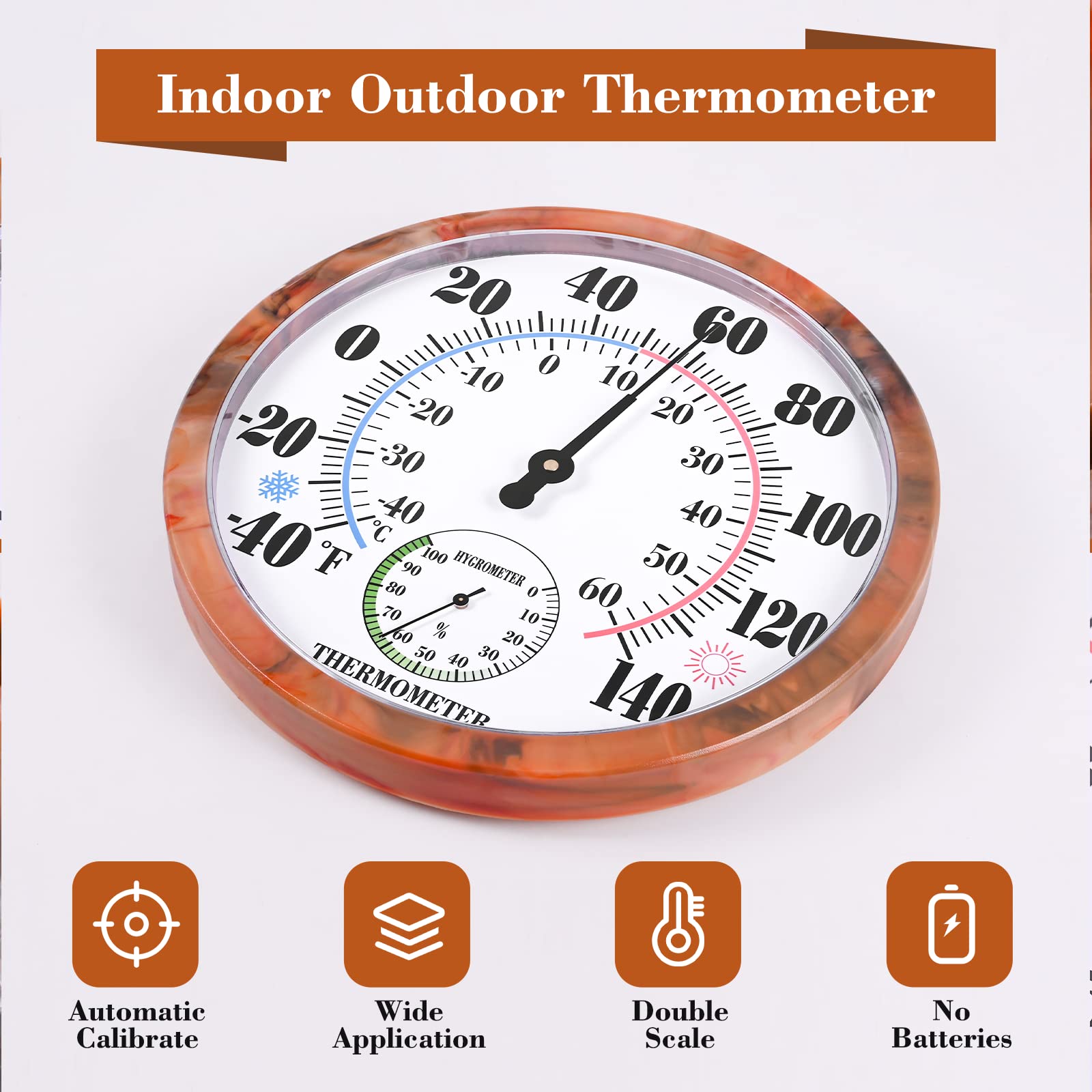 Indoor Outdoor Thermometer Hygrometer - 10Inch Outdoor Thermometers Large Number, 2 in 1 Thermometer Hygrometer, No Battery Needed Large Outdoor Thermometers for Patio (Brown)