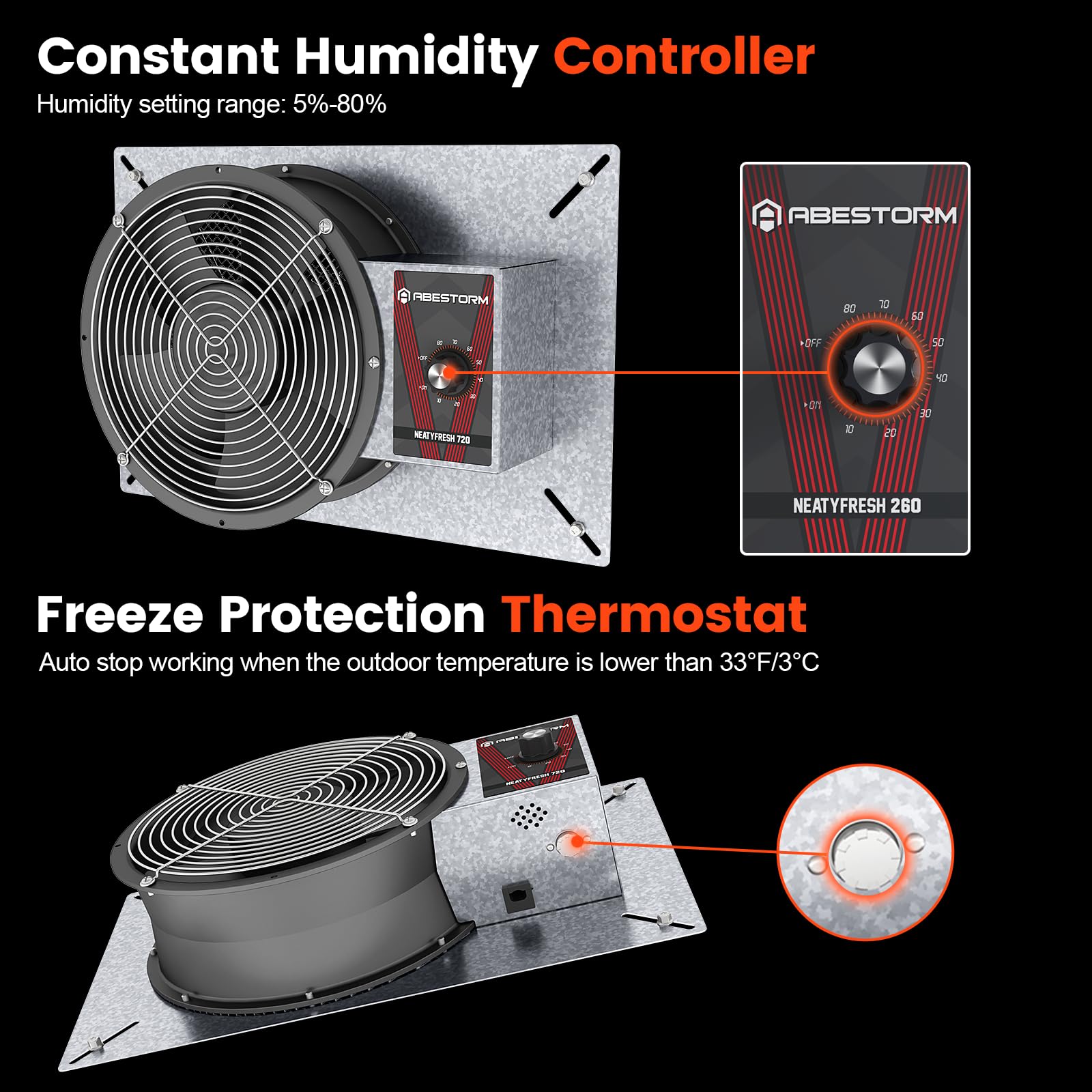 Abestorm 720CFM High Air Flow Crawlspace Ventilation Fan, IP55 Rated 10" Vent Fan with Humidistat & Freeze Protection Thermostat for Crawl Space, Basement, Garage, Attic with Isolation Mesh