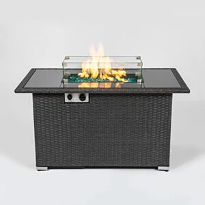 Propane Fire Pit Table, 44" Auto-Ignition Firepit Table for Outside, 50,000 BTU Outdoor Rattan & Wicker Gas Fire Table with Glass Wind Guard for Patio, Pool, Backyard, ETL Certification (Grey)