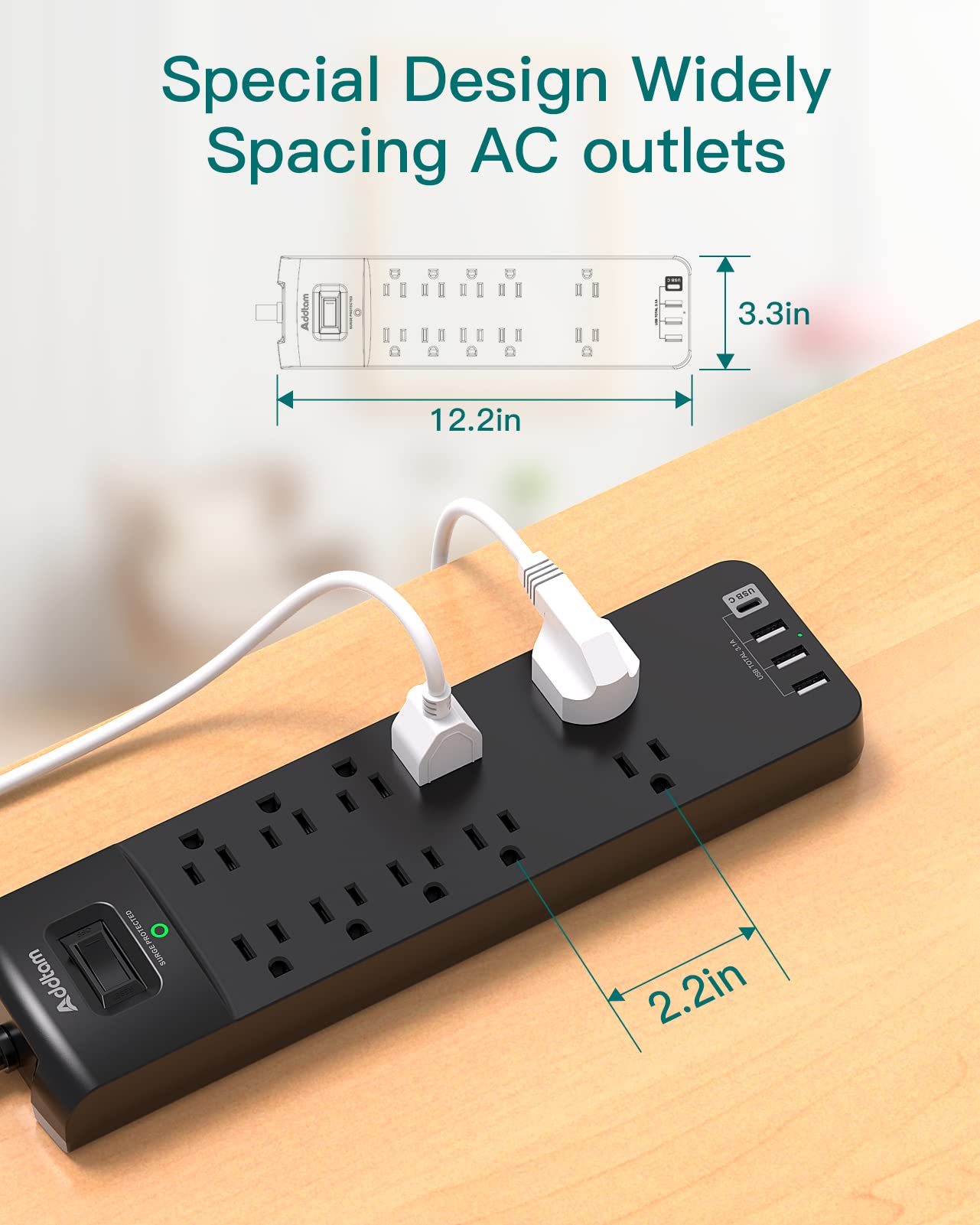 Black USB Wall Charger Surge Protector, 5 Outlet Extender with 4 USB Charging Ports (1 USB C) & Power Strip Surge Protector with 10 Outlets and 4 USB Ports