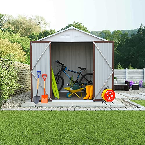 Lifeand 6x4Ft Outdoor Storage Shed with Double Lockable Doors, Anti-Corrosion Metal Garden Shed with Base Frame for Backyard Patio Lawn House,Coffee