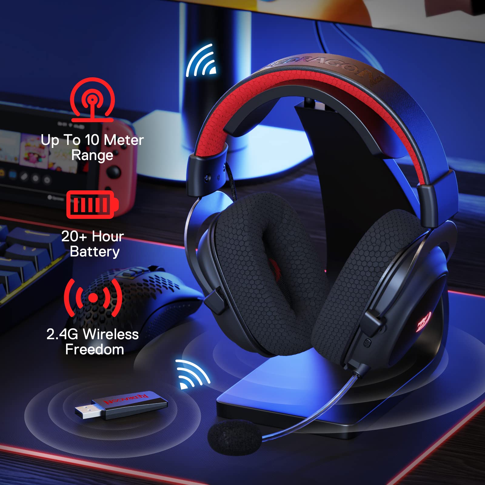 Redragon H510 PRO Zeus-X RGB Wireless Gaming Headset - 7.1 Surround Sound - 53MM Audio Drivers in Memory Foam Ear Pads w/Durable Fabric Cover- Multi Platforms Headphone - USB Powered for PC/PS4/NS