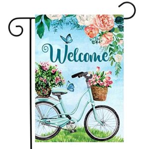shinesnow welcome spring summer bike blossom flowers daisy butterfly seasonal landscape garden yard flag 12"x 18" double sided polyester welcome house flag banners for patio lawn outdoor home decor