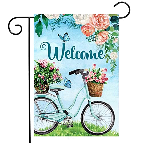 ShineSnow Welcome Spring Summer Bike Blossom Flowers Daisy Butterfly Seasonal Landscape Garden Yard Flag 12"x 18" Double Sided Polyester Welcome House Flag Banners for Patio Lawn Outdoor Home Decor