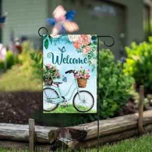 ShineSnow Welcome Spring Summer Bike Blossom Flowers Daisy Butterfly Seasonal Landscape Garden Yard Flag 12"x 18" Double Sided Polyester Welcome House Flag Banners for Patio Lawn Outdoor Home Decor