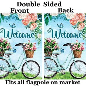 ShineSnow Welcome Spring Summer Bike Blossom Flowers Daisy Butterfly Seasonal Landscape Garden Yard Flag 12"x 18" Double Sided Polyester Welcome House Flag Banners for Patio Lawn Outdoor Home Decor