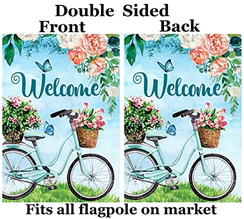 ShineSnow Welcome Spring Summer Bike Blossom Flowers Daisy Butterfly Seasonal Landscape Garden Yard Flag 12"x 18" Double Sided Polyester Welcome House Flag Banners for Patio Lawn Outdoor Home Decor