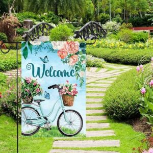 ShineSnow Welcome Spring Summer Bike Blossom Flowers Daisy Butterfly Seasonal Landscape Garden Yard Flag 12"x 18" Double Sided Polyester Welcome House Flag Banners for Patio Lawn Outdoor Home Decor