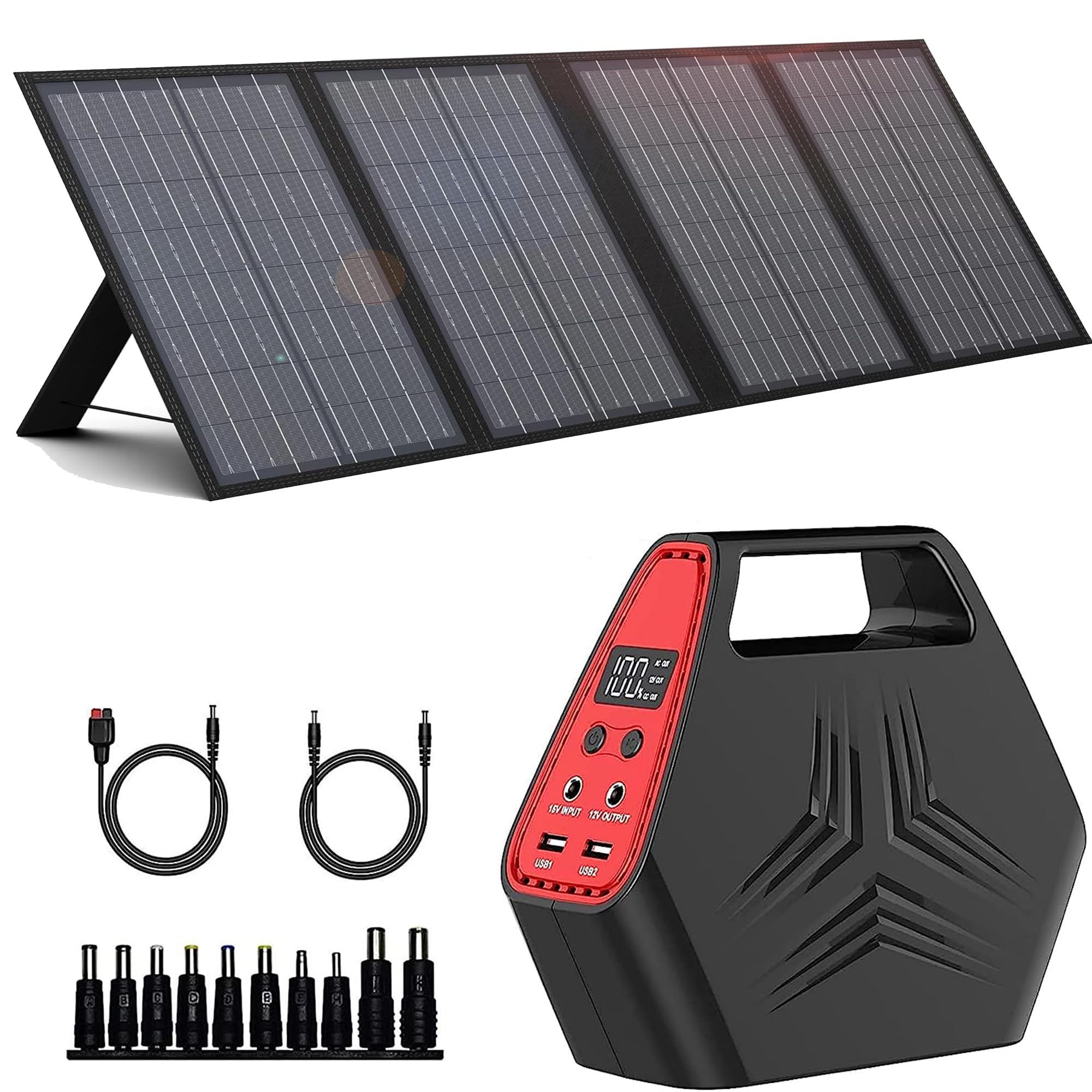 100W Portable Solar Generator, 60W Foldable Solar Charger with USB & 18V DC output, A Super Travel Portable Battery Pack/Power Station for Home Outdoors Office Use