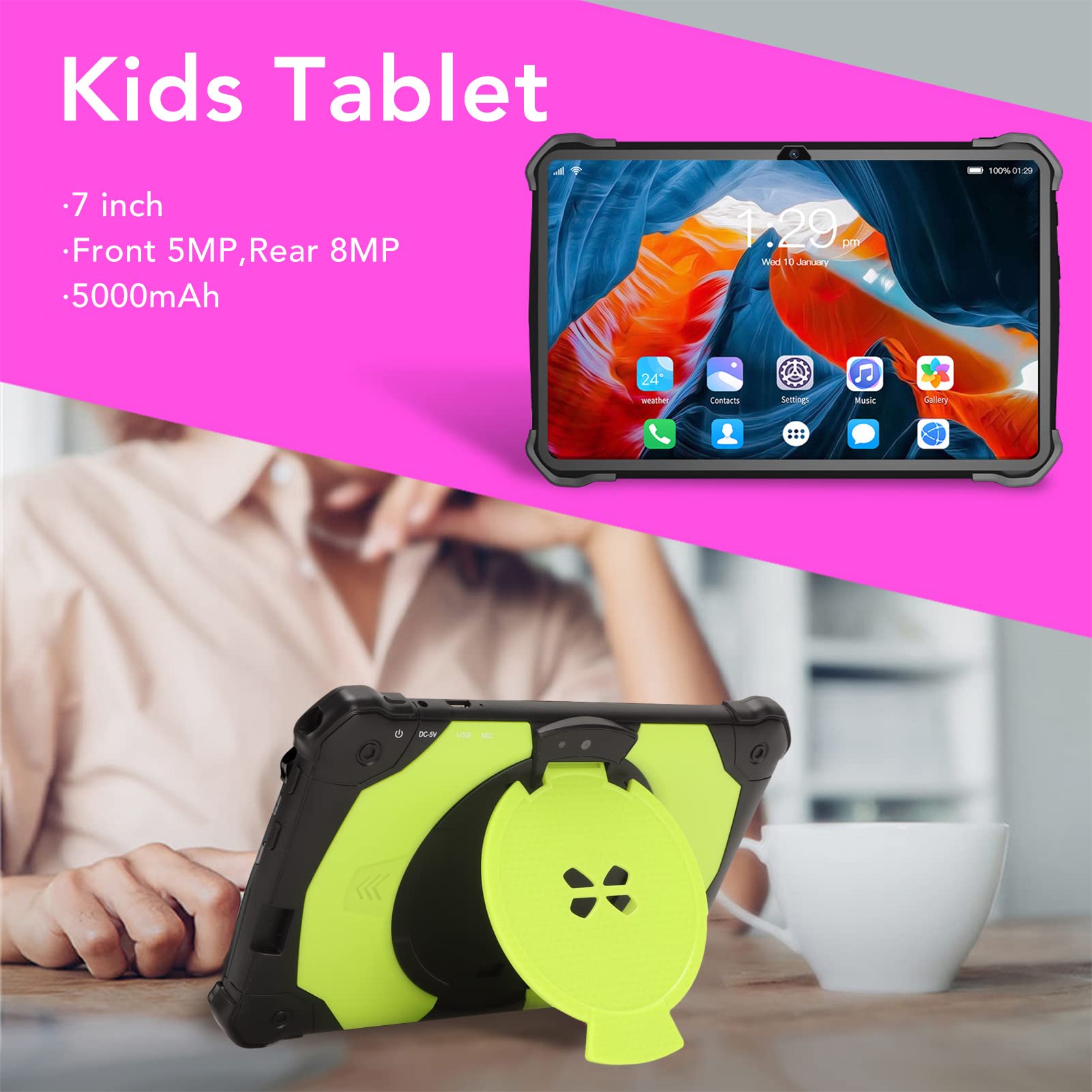 Estink Kids Tablet 7in, 1960x1080 Octa Cores 5000mAh Tablet, Gaming Tablet with 5000mAh Large Capacity, 2.4G 5G RAM 4GB ROM32GB Front 5MP Rear 8MP Portable Tablet for 10 US Plug (Green)