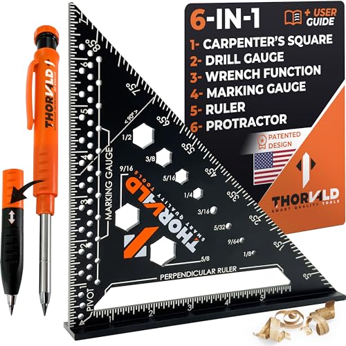 THORVALD 6-in-1 Carpenter Square 7 inch (1/16" Precision) T Square Multi-Purpose Carpenter Tools : Wrench, Square, Protractor, Ruler, Marking Gauge, Drill Gauge, Includes 2-in-1 Carpentry Pencil