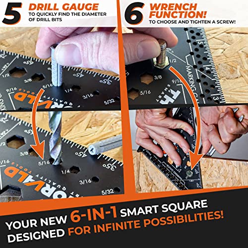 THORVALD 6-in-1 Carpenter Square 7 inch (1/16" Precision) T Square Multi-Purpose Carpenter Tools : Wrench, Square, Protractor, Ruler, Marking Gauge, Drill Gauge, Includes 2-in-1 Carpentry Pencil