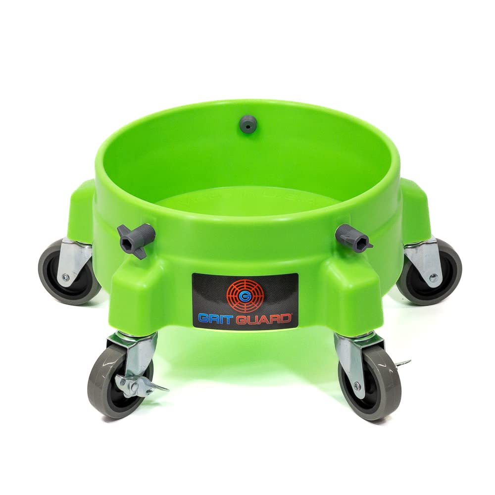 GRIT GUARD - 5 Gallon Bucket Dolly, Quality Made in The USA for Car Washing, Construction, & Food Industry (Green, 3" Grey Casters)