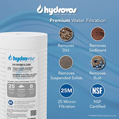 HYDROVOS 4.5 x 10 Inch Large Capacity Whole House Water Filter, NSF 42 Certified 25 Micron Sediment Filtration, Compatible with Replacement Filters WHKF-GD25BB. AP810, AP801, GXWH30C, GXWH35F, GWWH40