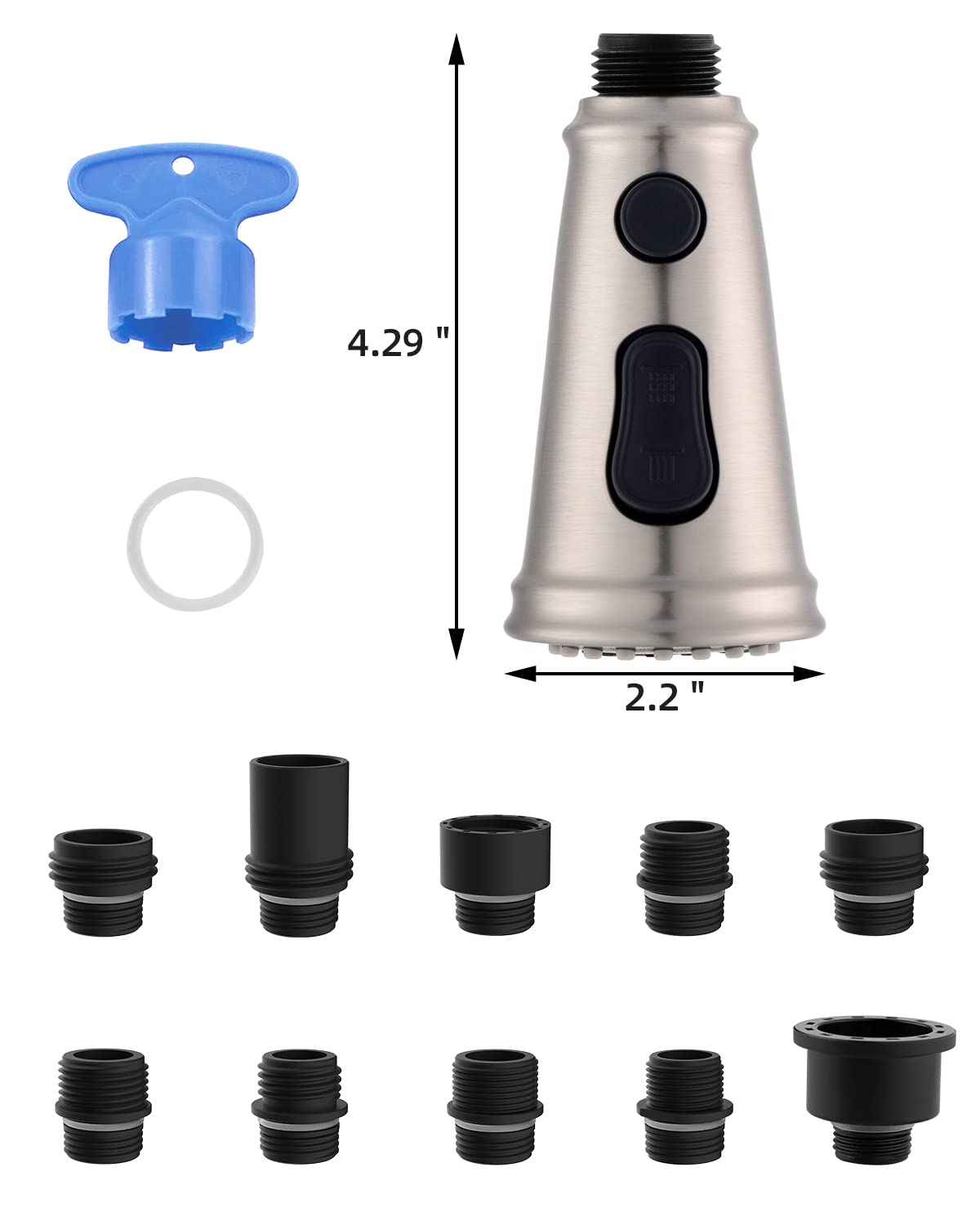 Pull Down Kitchen Faucet Head Replacement, 3-Function Kitchen Sink Faucet Head Sprayer Head Nozzle with 10 Adapters, Compatible with Moen, American Standard, Delta, Kohler Faucets-Brushed Nickel