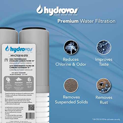 Hydrovos 10" x 2.5” Whole House Water Filter, Activated Carbon Reduces Sediment, Chlorine Taste and Odor, GAC Carbon Filter for Under Sink RO Units and 10 Inch Home Water Filtration Systems, 4 pack