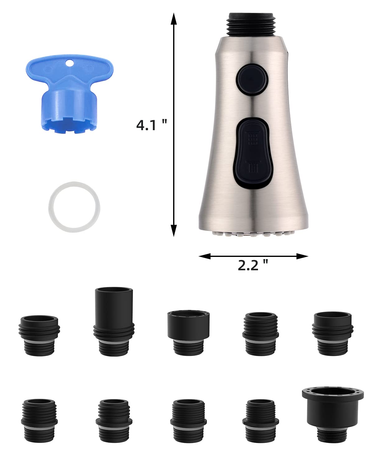 Hibbent Pull Down Kitchen Faucet Head Replacement, 3-Function Kitchen Sink Spray Nozzle with 10 Adapters, Compatible with Moen, American Standard, Delta, Kohler Faucets, Brushed Nickel