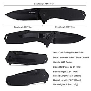 EMHTiii EDC Pocket Folding Knife - 3.54" Stainless Steel Black Blade, G10 Scales Liner Lock, Men Women Camping Knives with Clip EMH03