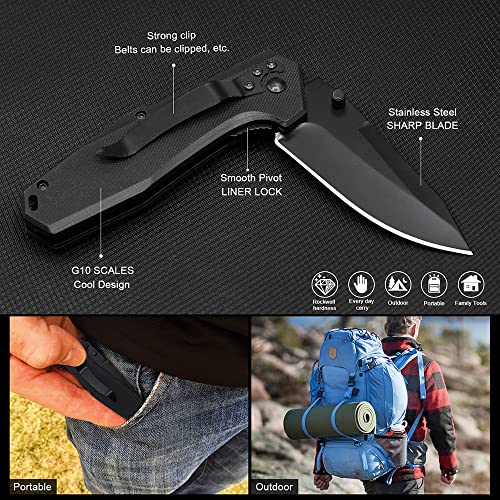 EMHTiii EDC Pocket Folding Knife - 3.54" Stainless Steel Black Blade, G10 Scales Liner Lock, Men Women Camping Knives with Clip EMH03