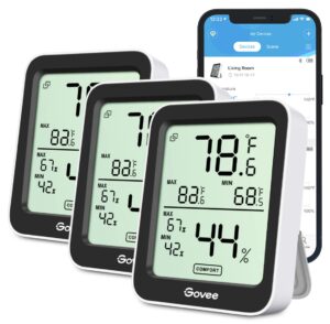 govee indoor hygrometer thermometer 3 pack, bluetooth humidity temperature gauge with large lcd display, notification alert with max min records, 2 years data storage export for room greenhouse, black