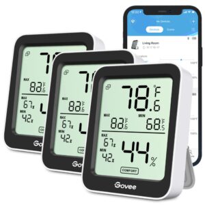 Govee Indoor Hygrometer Thermometer 3 Pack, Bluetooth Humidity Temperature Gauge with Large LCD Display, Notification Alert with Max Min Records, 2 Years Data Storage Export for Room Greenhouse, Black