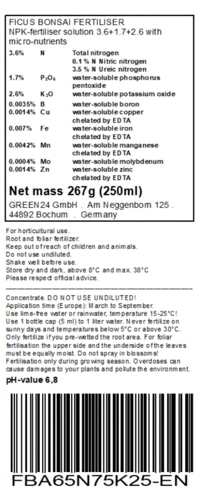 Ficus Bonsai Liquid Fertilizer NPK for Ficus Ginseng, retusa, microcarpa, Bonsai Fertilizer (Made in Germany)