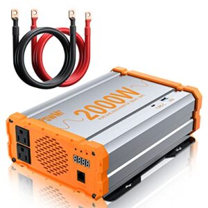 2000w pure sine wave inverter 12v dc to 120v ac converter, off-grid solar power inverter 2000 watt built-in 2 ac outlets, 5v/2.5a usb and type-c port for home, rv, truck