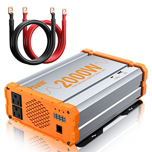 2000W Pure Sine Wave Inverter 12V DC to 120V AC Converter, Off-Grid Solar Power Inverter 2000 watt Built-in 2 AC Outlets, 5V/2.5A USB and Type-C Port for Home, RV, Truck