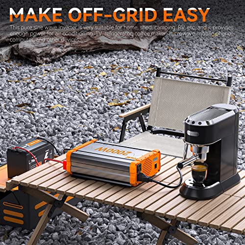 2000W Pure Sine Wave Inverter 12V DC to 120V AC Converter, Off-Grid Solar Power Inverter 2000 watt Built-in 2 AC Outlets, 5V/2.5A USB and Type-C Port for Home, RV, Truck