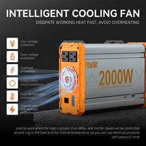 2000W Pure Sine Wave Inverter 12V DC to 120V AC Converter, Off-Grid Solar Power Inverter 2000 watt Built-in 2 AC Outlets, 5V/2.5A USB and Type-C Port for Home, RV, Truck