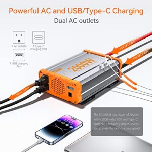 2000W Pure Sine Wave Inverter 12V DC to 120V AC Converter, Off-Grid Solar Power Inverter 2000 watt Built-in 2 AC Outlets, 5V/2.5A USB and Type-C Port for Home, RV, Truck