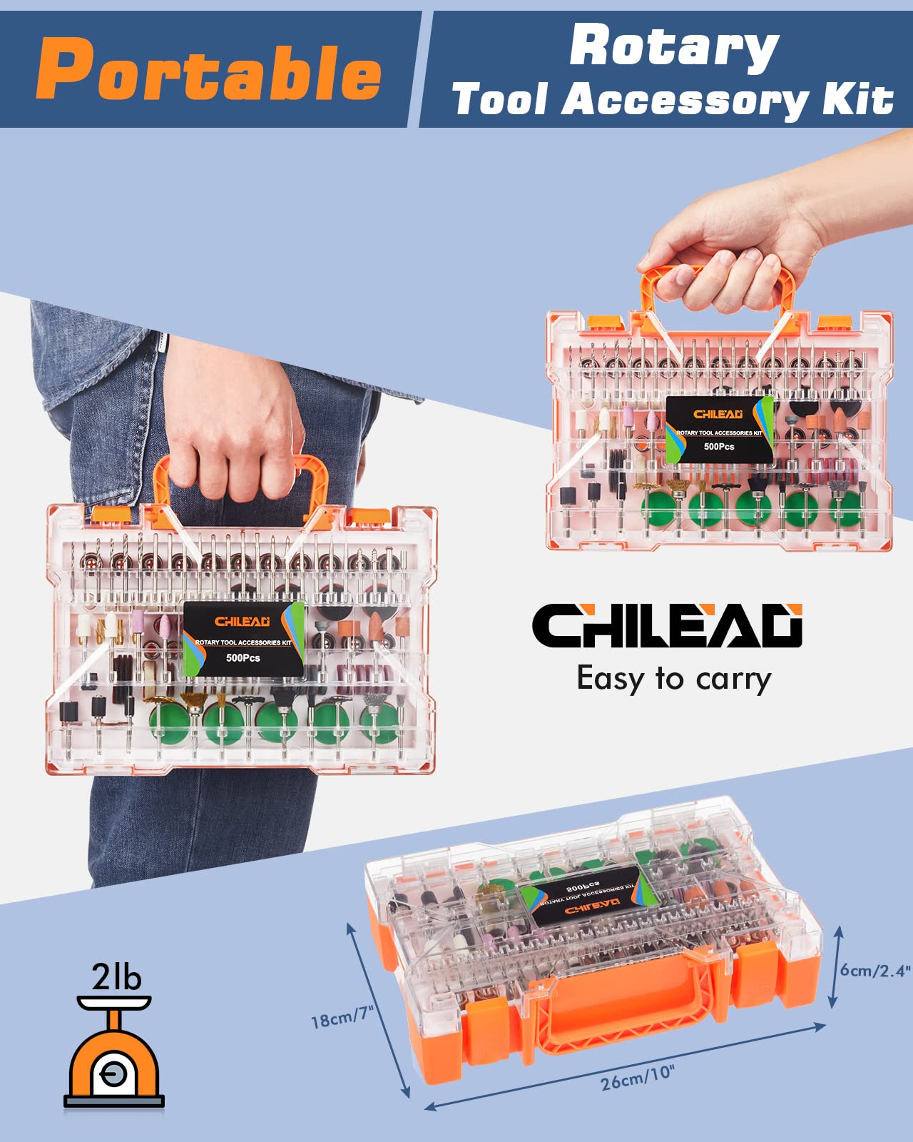 CHILEAD Rotary Tool Accessories Kit, 500 Pcs Accessory Set, 1/8"(3.2mm) Diameter Shanks, Universal Fitment Bits for Easy Cutting, Sanding, Grinding, Sharpening, Carving, Drilling, Polishing, Engraving