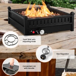 Giantex Tabletop Propane Fire Pit, 16.5 Inch Outdoor Firepit, 40,000 BTU Outdoor Gas Fire Pit w/ 2" Umbrella Hole, Removable Lid, Simple Igniting System, Lava Rocks & Tank Seat, Fire Pits for Tables