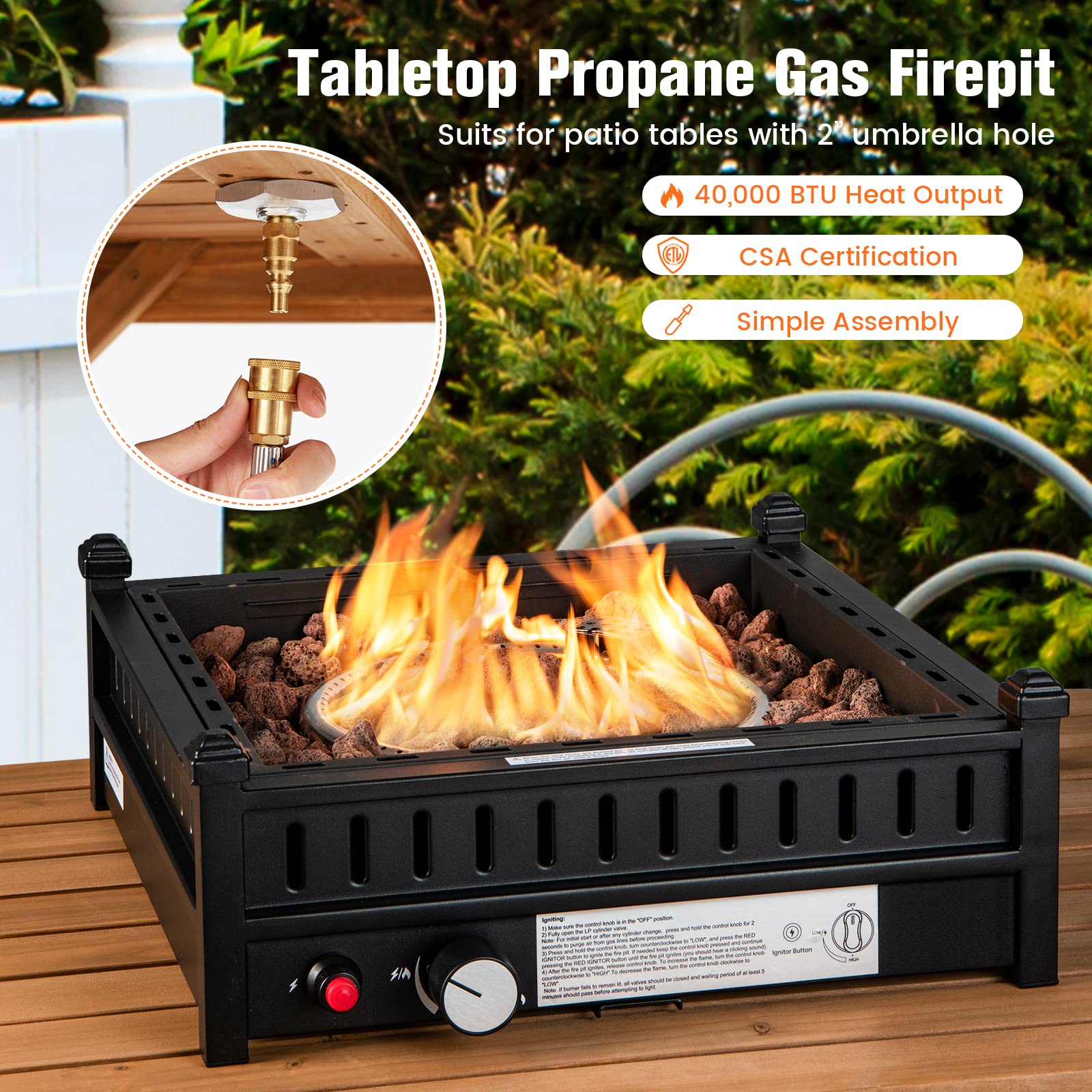 Giantex Tabletop Propane Fire Pit, 16.5 Inch Outdoor Firepit, 40,000 BTU Outdoor Gas Fire Pit w/ 2" Umbrella Hole, Removable Lid, Simple Igniting System, Lava Rocks & Tank Seat, Fire Pits for Tables