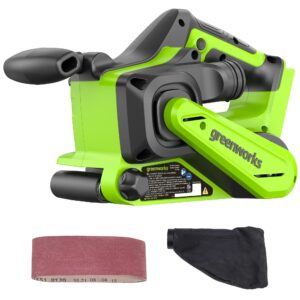 greenworks 24v brushless cordless 3in. x 18in. belt sander kit with dust bag and 60 grit sandpaper, tool only