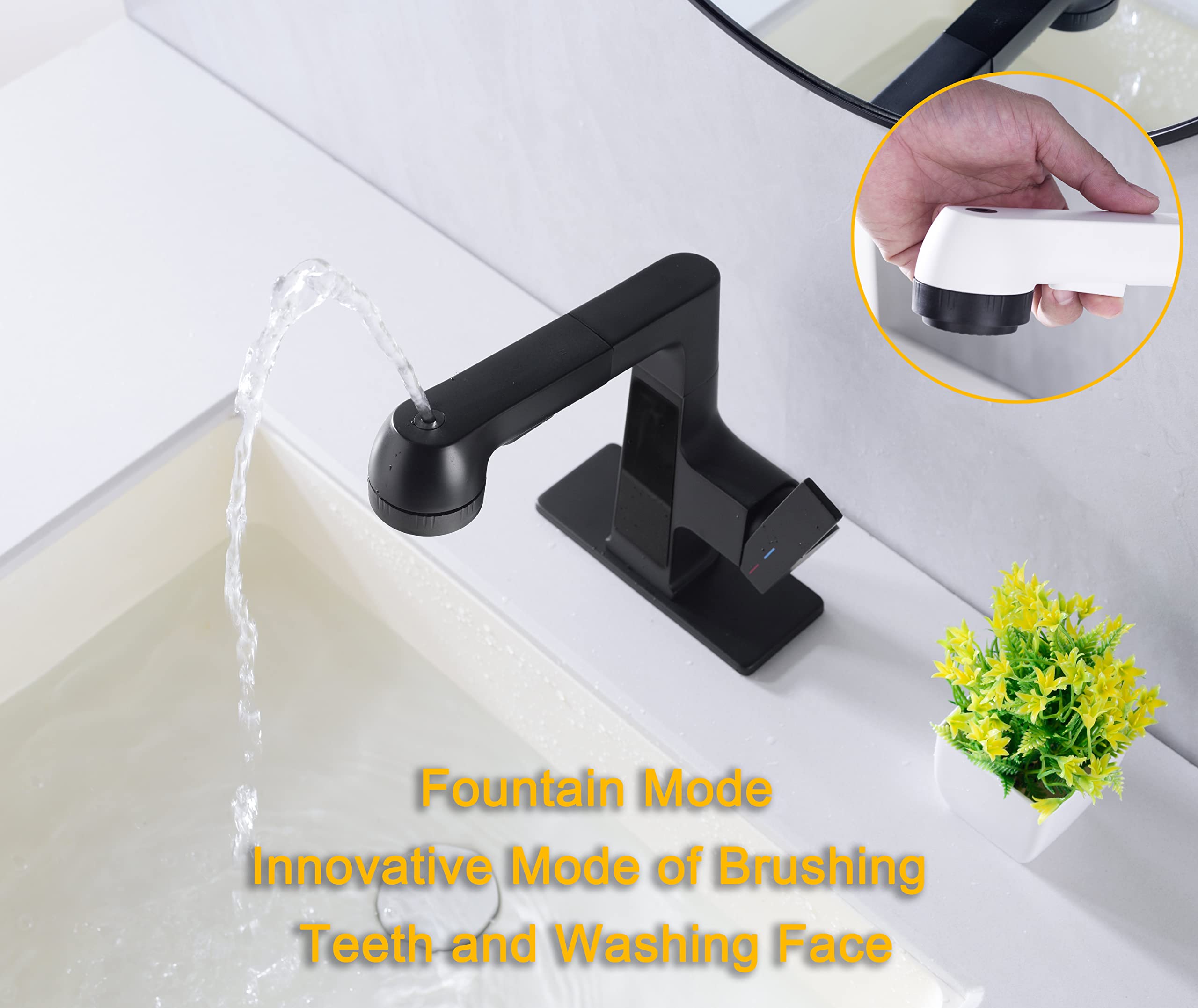 Qeemee LED Bathroom Faucet with Pull Out Sprayer, Matte Black Temperature Digital Display Sink Faucet 5 Water Flow Modes with 360° Swivel Spout Single Handle Lift Brass Faucet