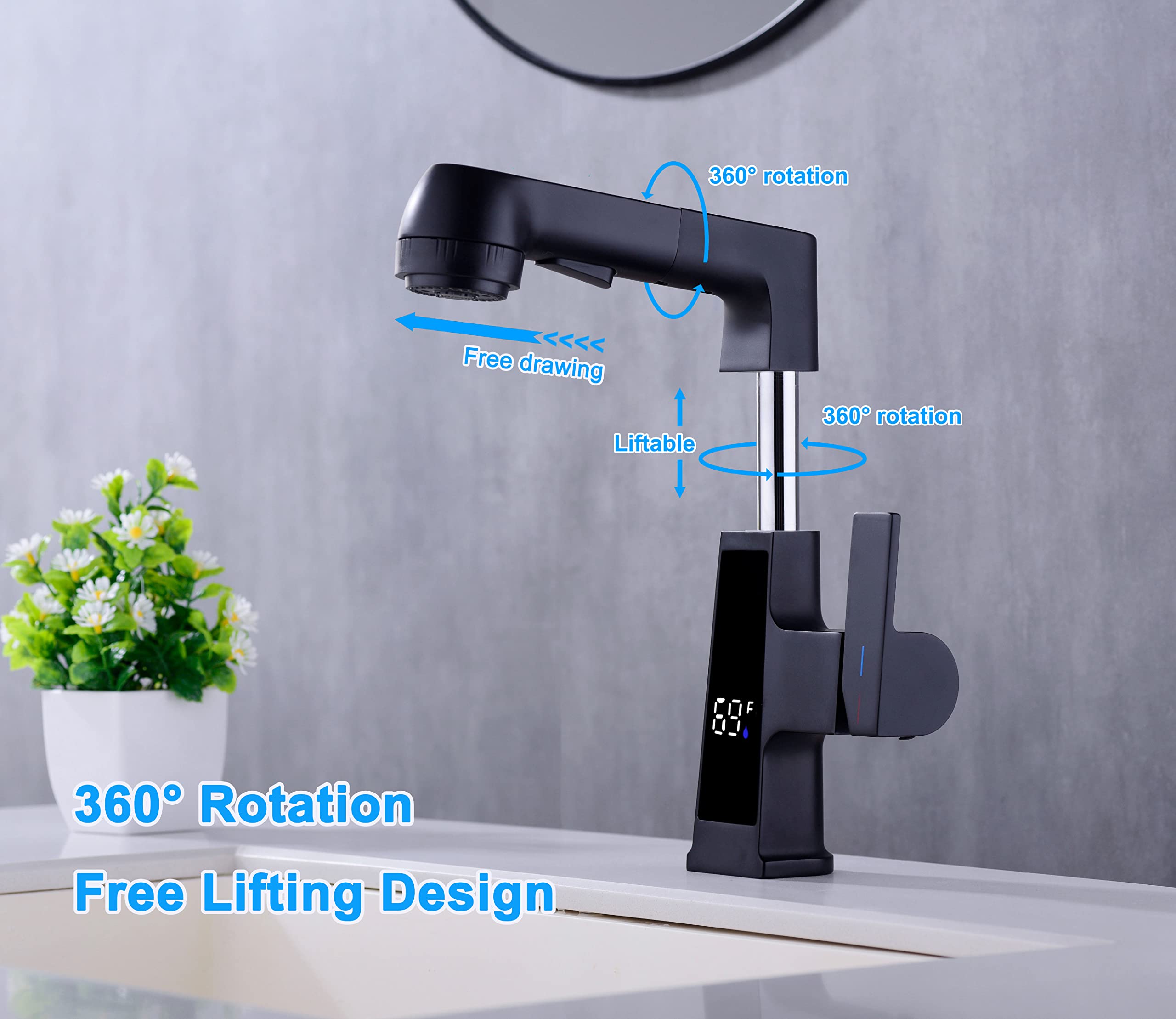 Qeemee LED Bathroom Faucet with Pull Out Sprayer, Matte Black Temperature Digital Display Sink Faucet 5 Water Flow Modes with 360° Swivel Spout Single Handle Lift Brass Faucet