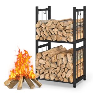 firewood rack indoor, portable 2 tier firewood rack, sturdy and easy to assemble construction, outdoor firewood rack with 4 hooks for storing wood logs for fireplaces, fire pits and stoves - black