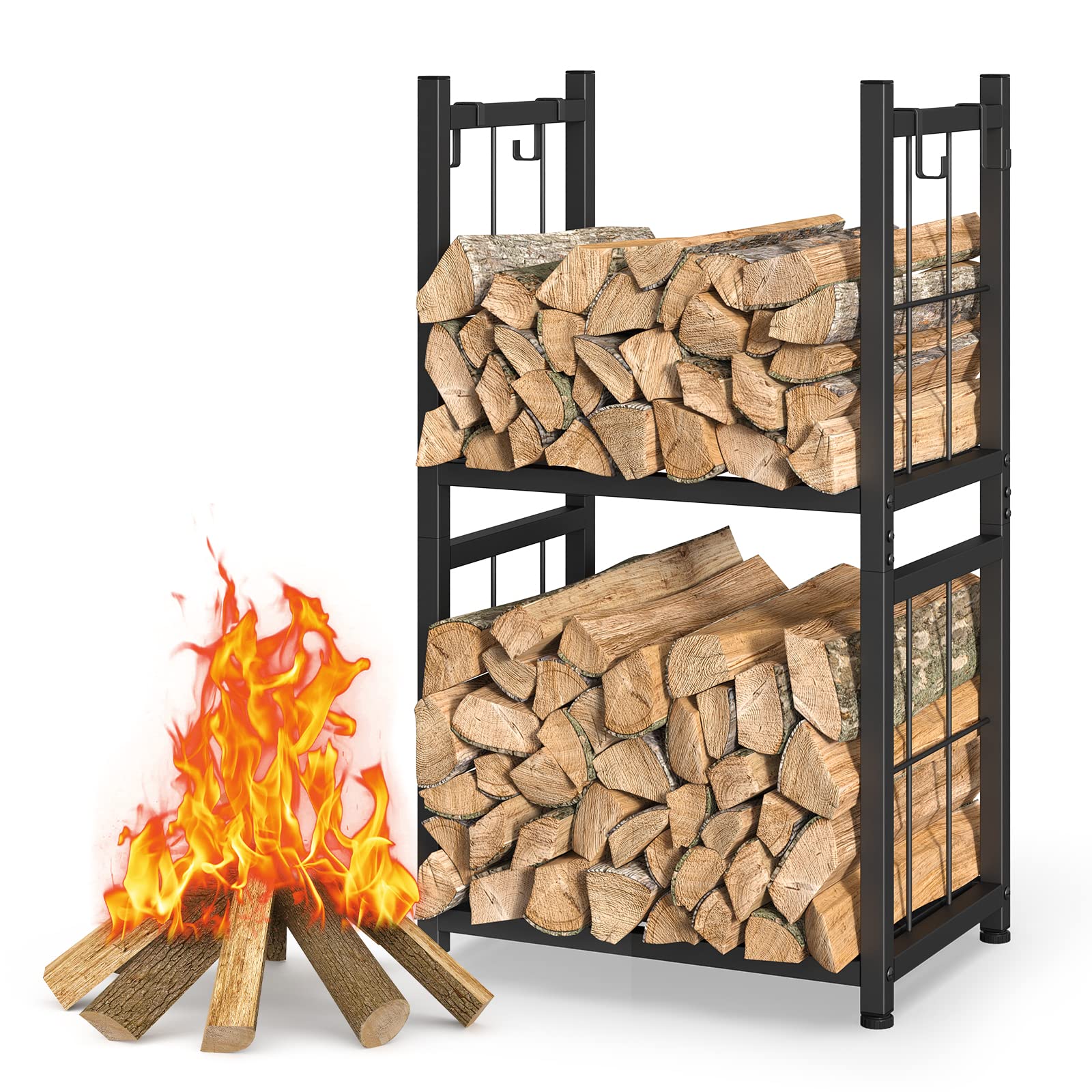 Firewood Rack Indoor, Portable 2 Tier Firewood Rack, Sturdy and Easy to Assemble Construction, Outdoor Firewood Rack with 4 Hooks for Storing Wood Logs for Fireplaces, Fire Pits and Stoves - Black