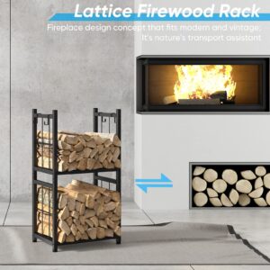 Firewood Rack Indoor, Portable 2 Tier Firewood Rack, Sturdy and Easy to Assemble Construction, Outdoor Firewood Rack with 4 Hooks for Storing Wood Logs for Fireplaces, Fire Pits and Stoves - Black