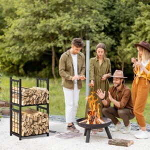 Firewood Rack Indoor, Portable 2 Tier Firewood Rack, Sturdy and Easy to Assemble Construction, Outdoor Firewood Rack with 4 Hooks for Storing Wood Logs for Fireplaces, Fire Pits and Stoves - Black