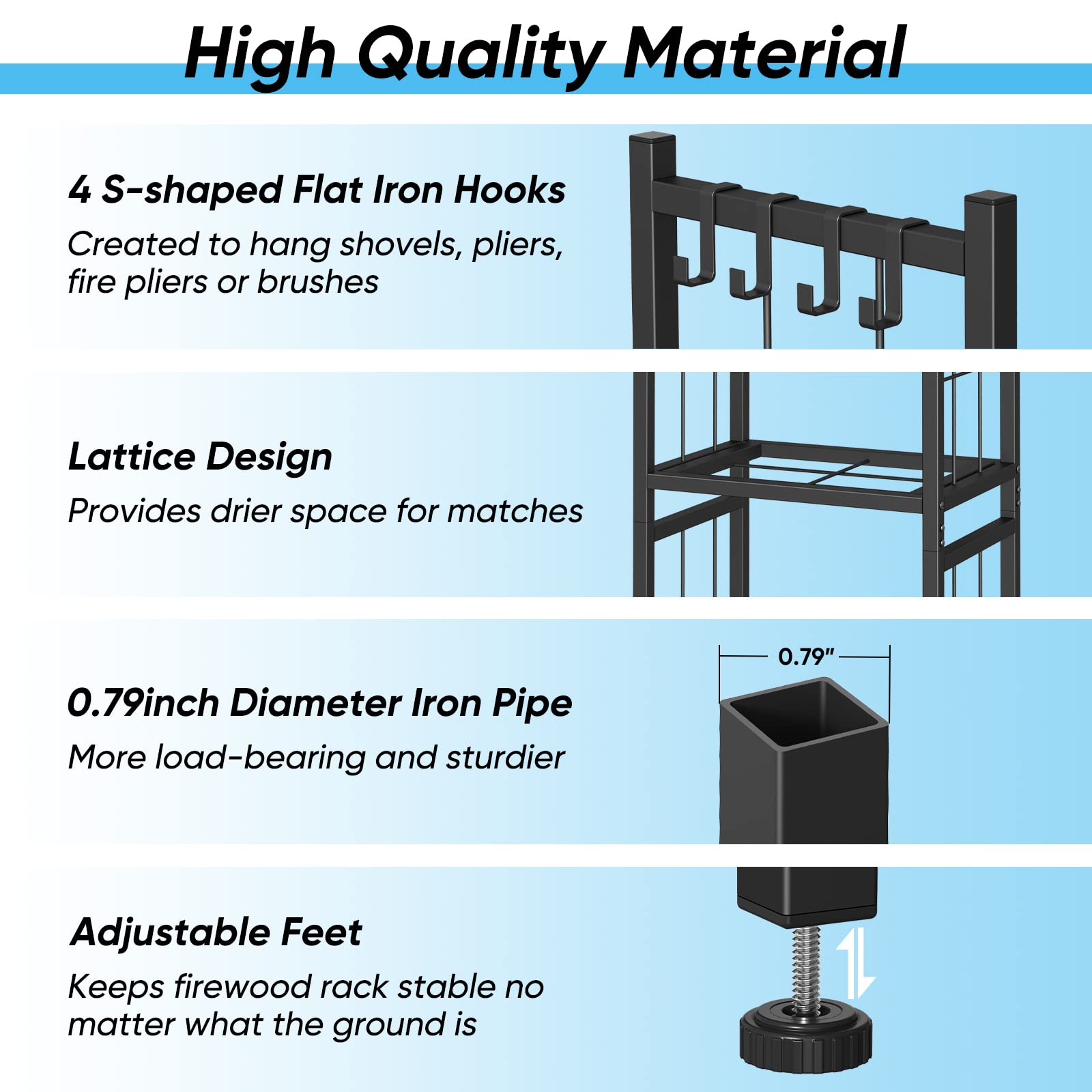 Firewood Rack Indoor, Portable 2 Tier Firewood Rack, Sturdy and Easy to Assemble Construction, Outdoor Firewood Rack with 4 Hooks for Storing Wood Logs for Fireplaces, Fire Pits and Stoves - Black