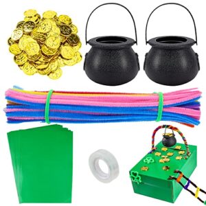 diy leprechaun trap kit for st. patrick's day, including 50pcs shamrock glod coins,100pcs multi-color pipe cleaners,2pcs candy cauldron kettles,15pcs green adhesive paper