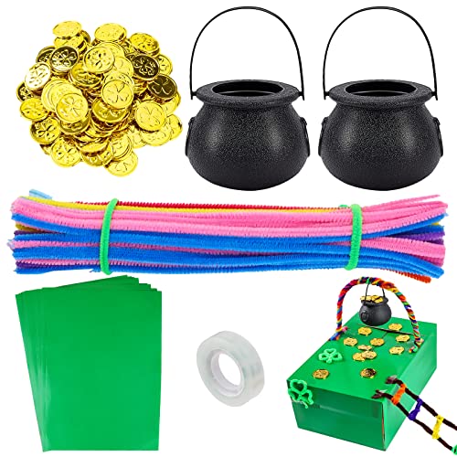 DIY Leprechaun Trap Kit for St. Patrick's Day, Including 50pcs Shamrock Glod Coins,100pcs Multi-Color Pipe Cleaners,2pcs Candy Cauldron Kettles,15Pcs Green Adhesive Paper