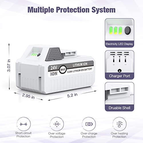 C D H 2 Packs 24V 6000mAh Replacement Battery for Snow Joe+Sun Joe 24V Lithium-iON Battery Series 24BAT-LTX/LTW/LTE/LT/XR Pro